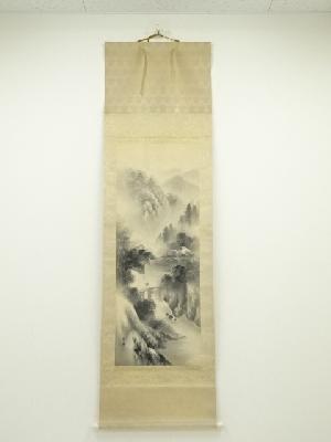 恭道筆　水墨山水　肉筆絹本掛軸（共箱）